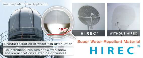 Super Water-Repellent Material, HIREC, Drastic reduction of water film attenuation, Countermeasures against snow and ice related-field troubles Super-Water-Repellant Coating, HIREC